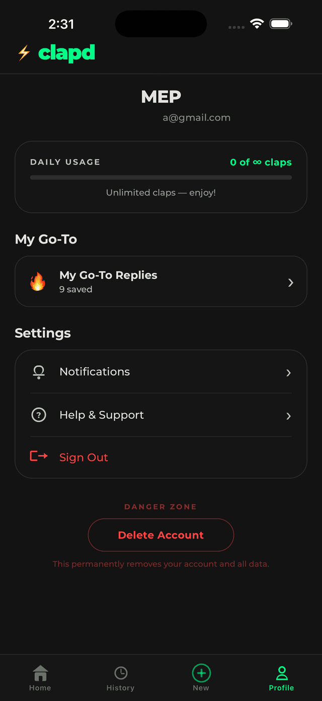 Delete Account button in the Clapd app